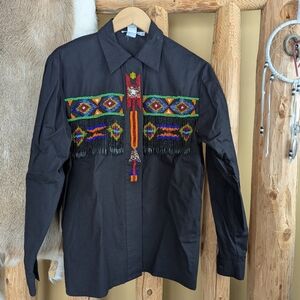 Women's Black Western Riding Shirt with Beautiful Colorful Beaded Fringe Design